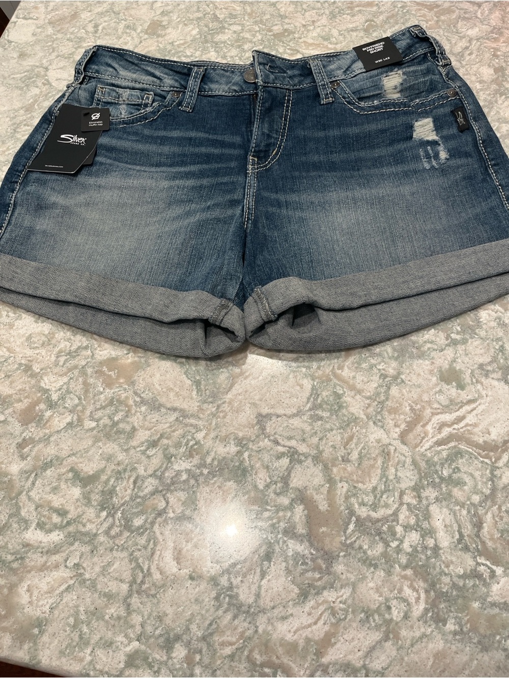 Silver Jeans Rolled Hem Distressed Denim Shorts - Medium Blue